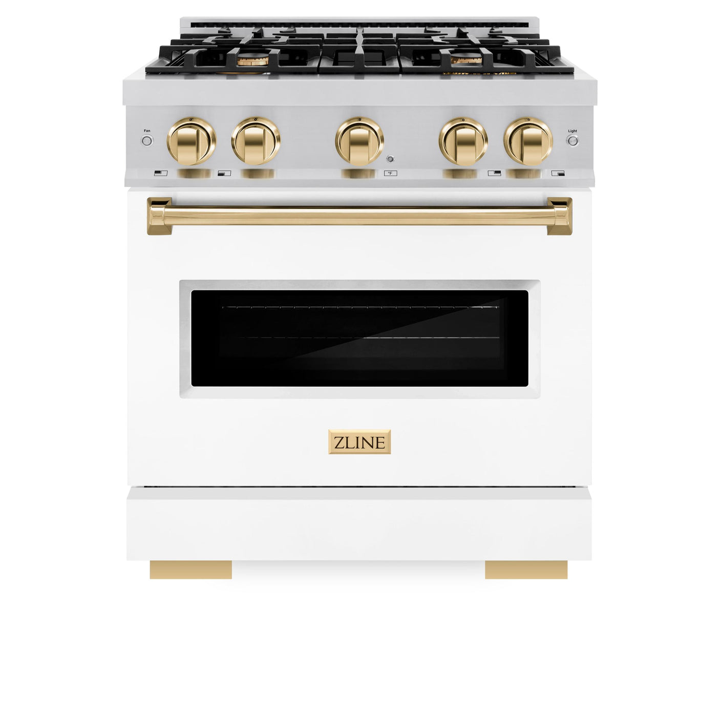 ZLINE Autograph Edition 30 in. 4.2 cu. ft. Classic Gas Range with 4 Burner Cooktop and Convection Gas Oven in DuraSnow' Stainless Steel with White Matte Door and Polished Gold Accents (CGRSZ-WM-30-G)