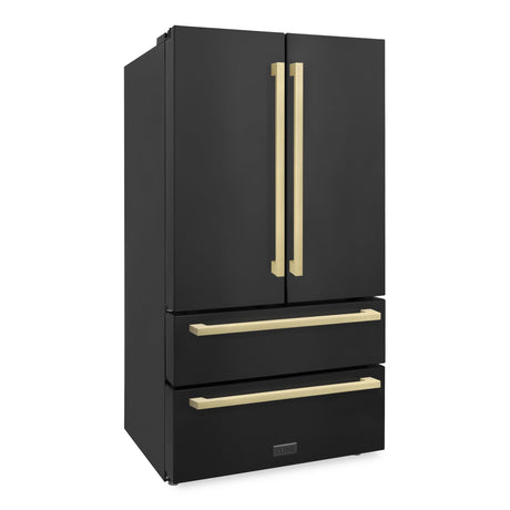 ZLINE 36 in. Autograph Edition 22.5 cu. ft 4-Door French Door Refrigerator with Ice Maker in Black Stainless Steel with Champagne Bronze Square Handles (RFMZ-36-BS-FCB)