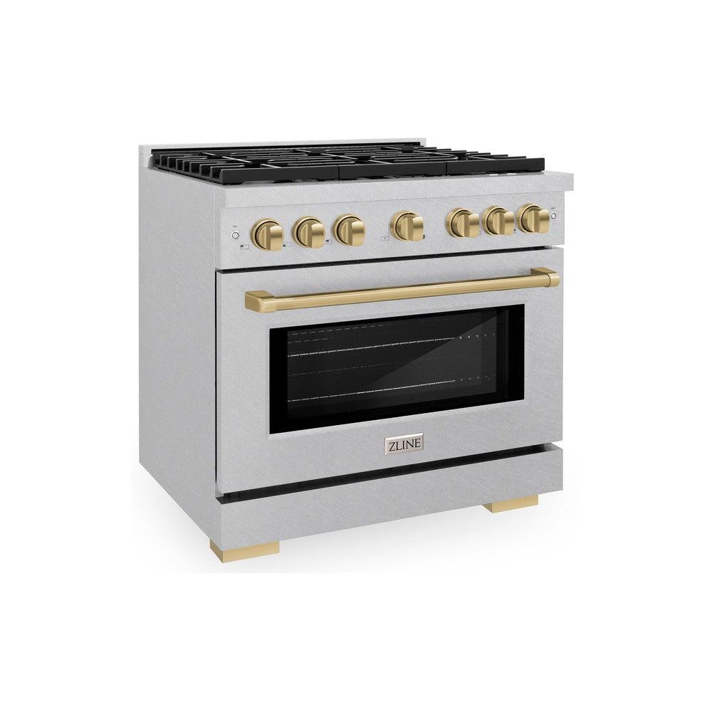 ZLINE Autograph Edition 36 in. 5.2 cu. ft. Paramount Dual Fuel Range with 6 Burner Gas Cooktop and Electric Convection Oven in DuraSnow' Stainless Steel with Champagne Bronze Accents (SDRSZ-36-CB)