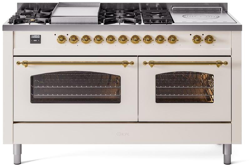 Nostalgie II 60 Inch Dual Fuel Natural Gas Freestanding Range in Antique White with Brass Trim