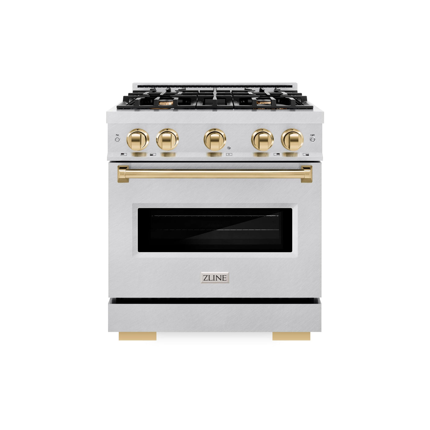 ZLINE Autograph Edition 30 in. 4.2 cu. ft. Classic Gas Range with 4 Burner Cooktop and Convection Gas Oven in DuraSnow' Stainless Steel and Polished Gold Accents (CGRSZ-30-G)