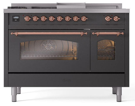 Nostalgie II 48 Inch Dual Fuel Natural Gas Freestanding Range in Matte Graphite with Copper Trim