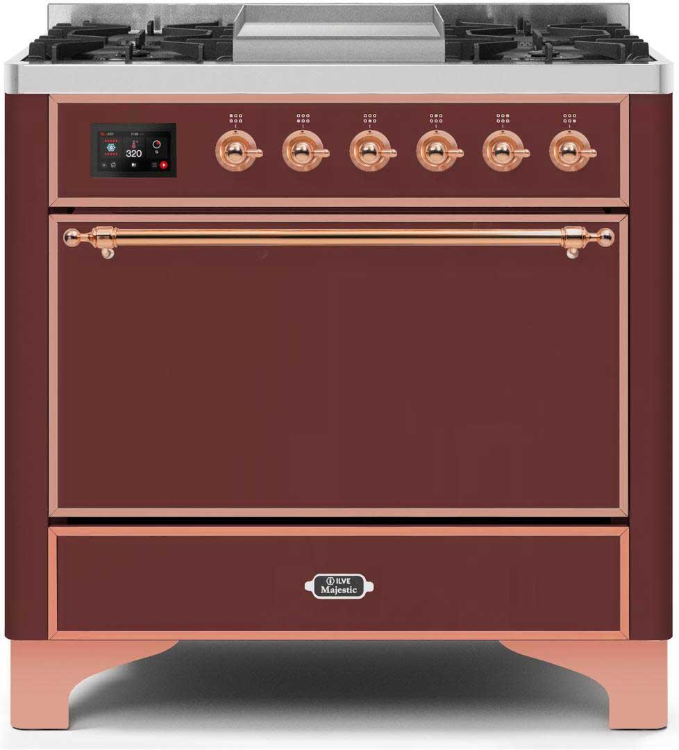 Majestic II 36 Inch Dual Fuel Natural Gas Freestanding Range in Burgundy with Copper Trim