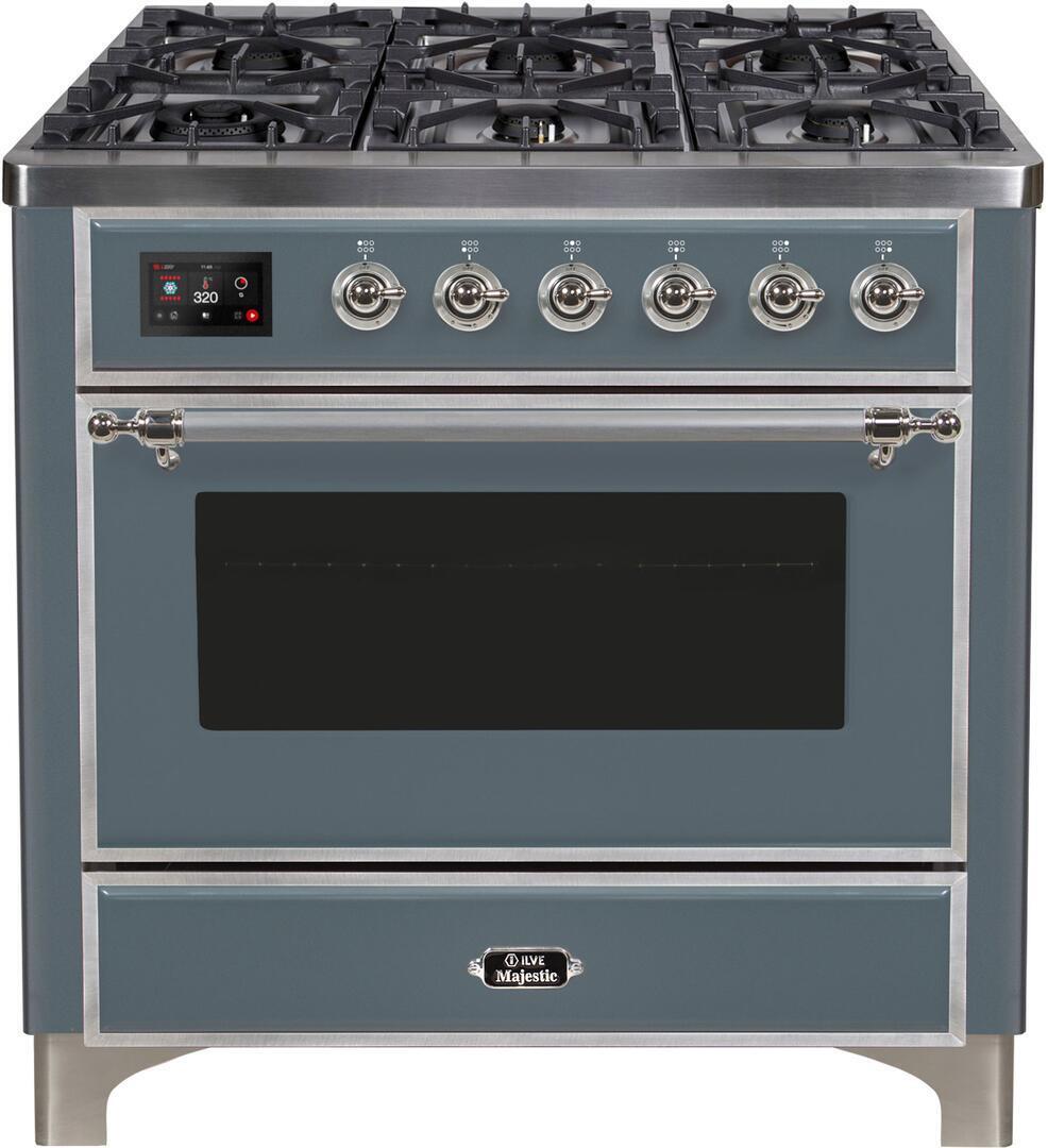 Majestic II 36 Inch Dual Fuel Liquid Propane Freestanding Range in Blue Grey with Chrome Trim