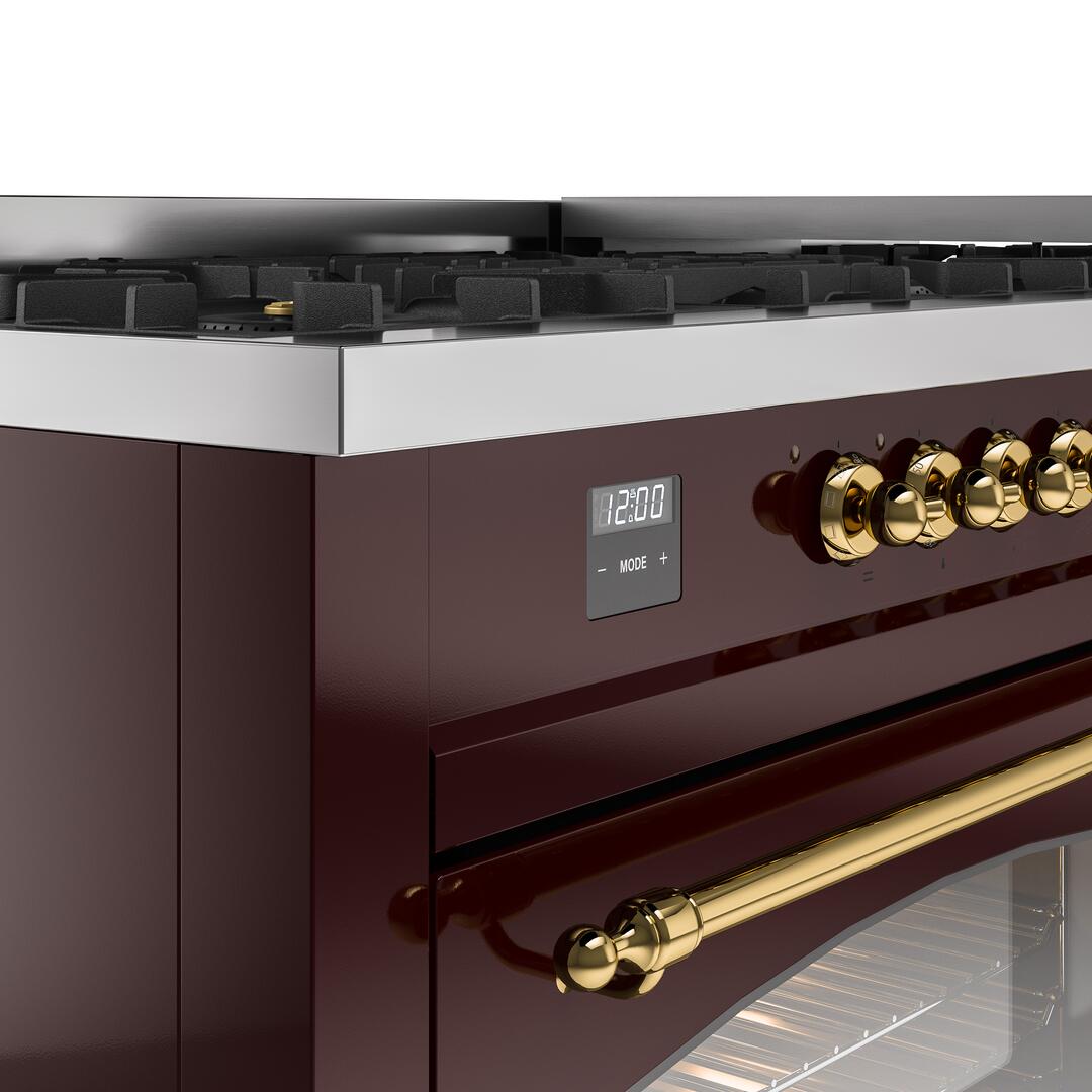 Nostalgie II 60 Inch Dual Fuel Liquid Propane Freestanding Range in Burgundy with Brass Trim