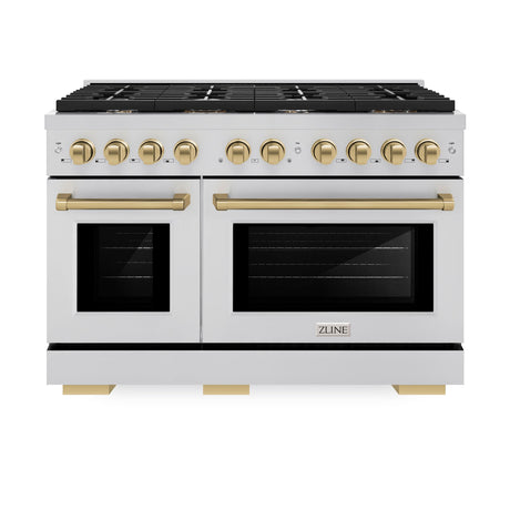 ZLINE Autograph Edition 48 in. 6.7 cu. ft. 8 Burner Double Oven Gas Range in Stainless Steel and Champagne Bronze Accents (SGRZ-48-CB)