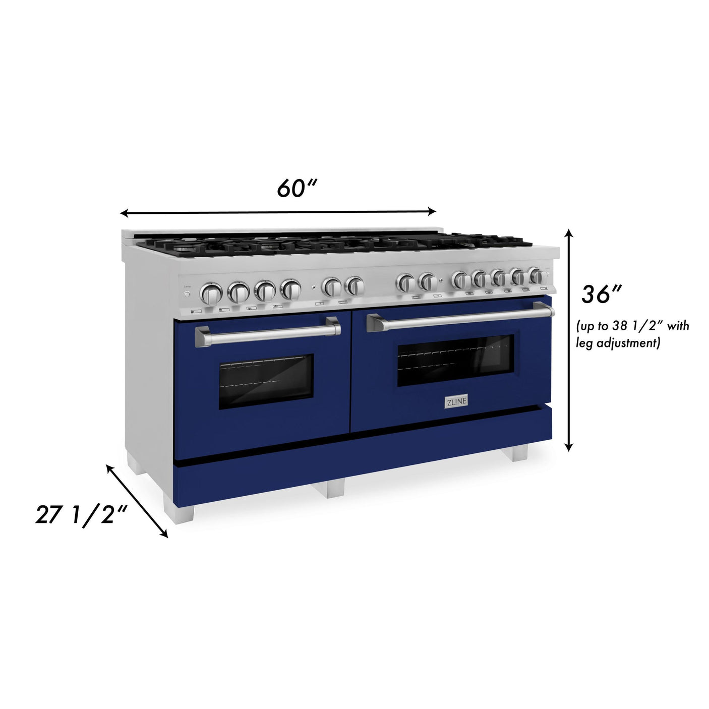 ZLINE 60 in. 7.4 cu. ft. Dual Fuel Range with Gas Stove and Electric Oven in DuraSnow Stainless Steel and Colored Door Options (RAS-60) [Color: DuraSnow Stainless Steel with Blue Gloss Door]