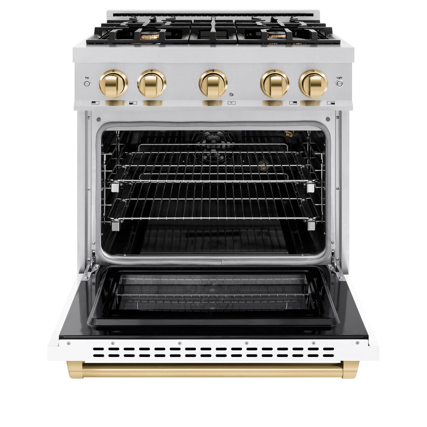 ZLINE Autograph Edition 30 in. 4.2 cu. ft. Select Gas Range with 4 Burner Cooktop and Convection Gas Oven in Stainless Steel with White Matte Door and Polished Gold Accents (HGRZ-WM-30-G)