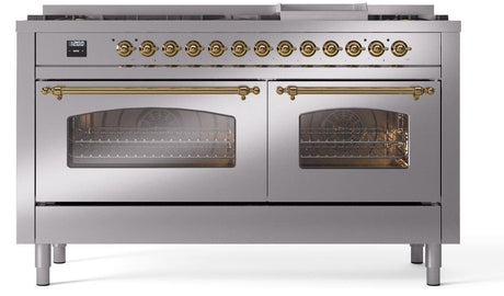 Nostalgie II 60 Inch Dual Fuel Liquid Propane Freestanding Range in Stainless Steel with Brass Trim