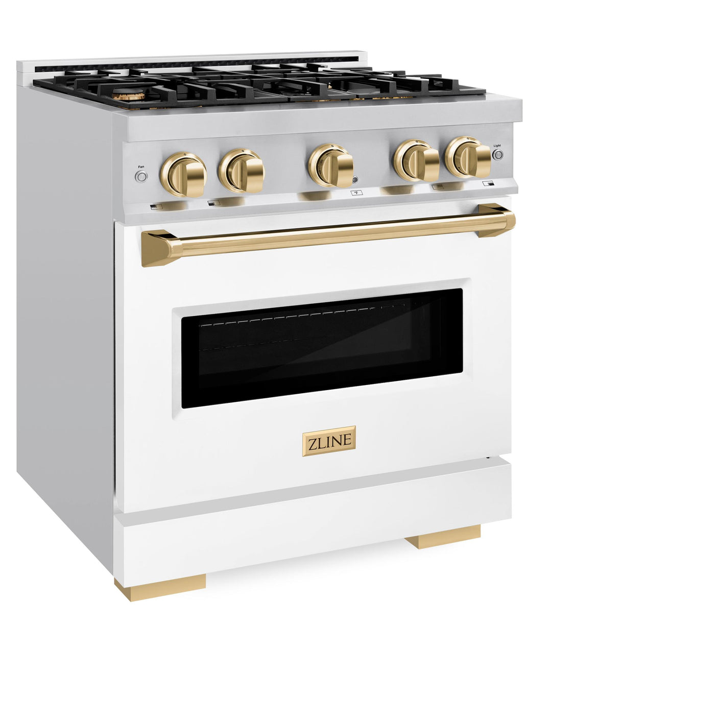 ZLINE Autograph Edition 30 in. 4.2 cu. ft. Classic Gas Range with 4 Burner Cooktop and Convection Gas Oven in DuraSnow' Stainless Steel with White Matte Door and Polished Gold Accents (CGRSZ-WM-30-G)