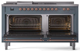 Nostalgie II 60 Inch Dual Fuel Natural Gas Freestanding Range in Blue Grey with Copper Trim