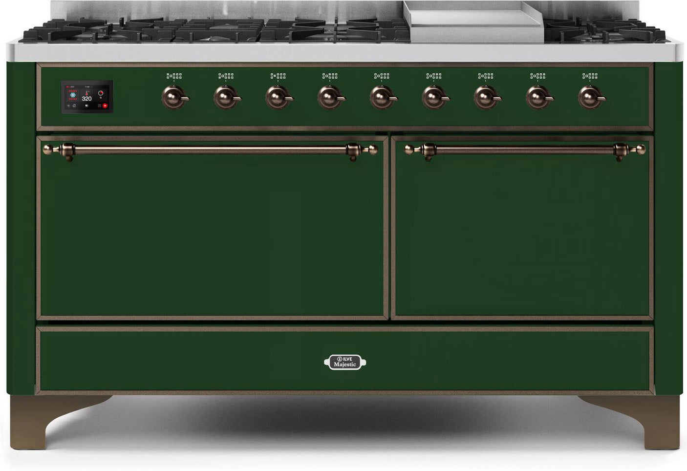 Majestic II 60 Inch Dual Fuel Natural Gas Freestanding Range in Emerald Green with Bronze Trim