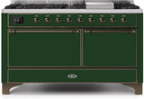 Majestic II 60 Inch Dual Fuel Natural Gas Freestanding Range in Emerald Green with Bronze Trim