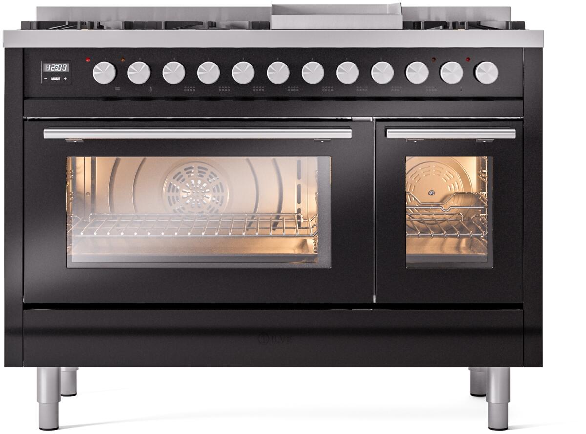 Professional Plus II 48 Inch Dual Fuel Natural Gas Freestanding Range in Glossy Black with Trim