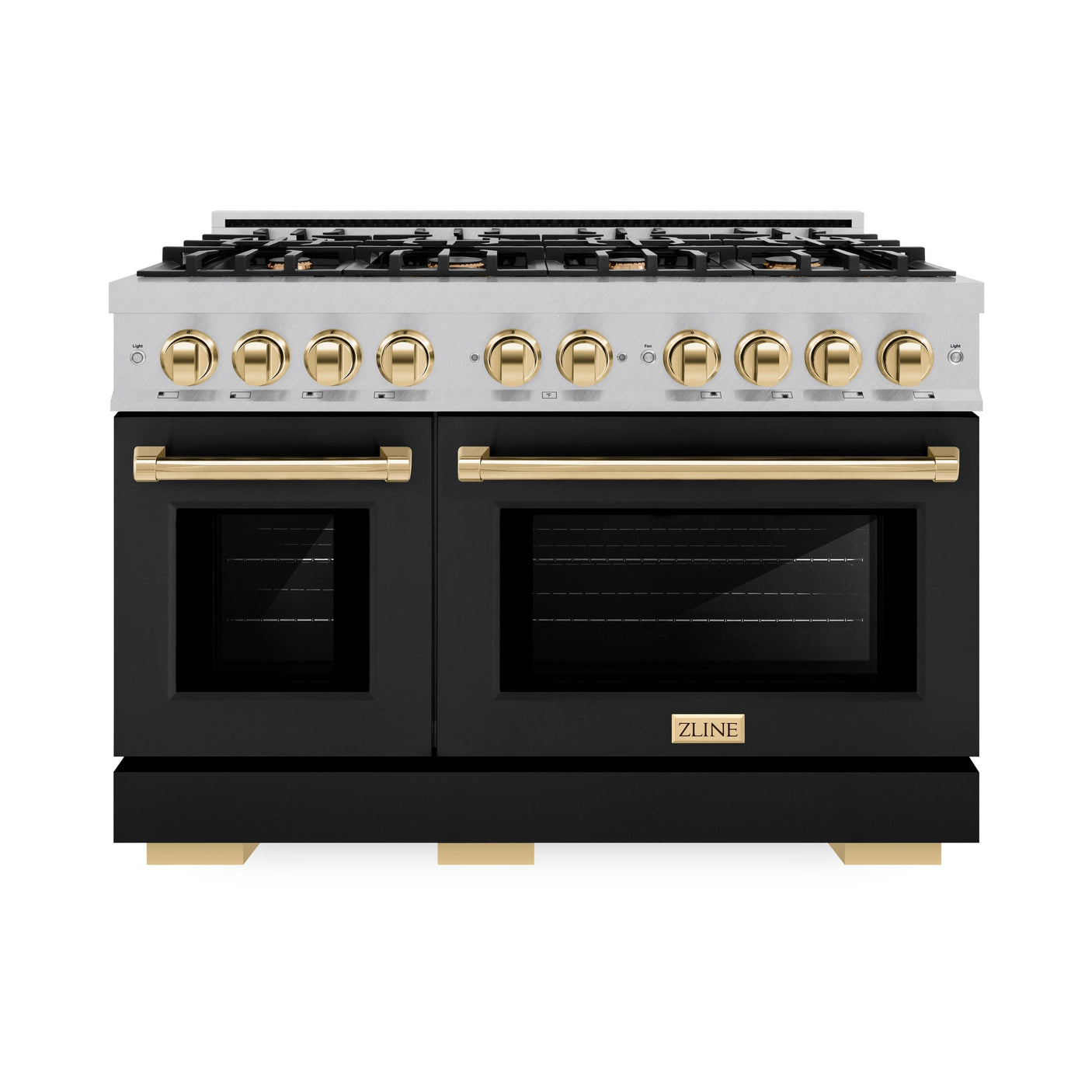 ZLINE Autograph Edition 48 in. 6.7 cu. ft. Select Double Oven Gas Range with 8 Burner Cooktop in DuraSnow' Stainless Steel with Black Matte Doors and Polished Gold Accents (HGRSZ-BLM-48-G)