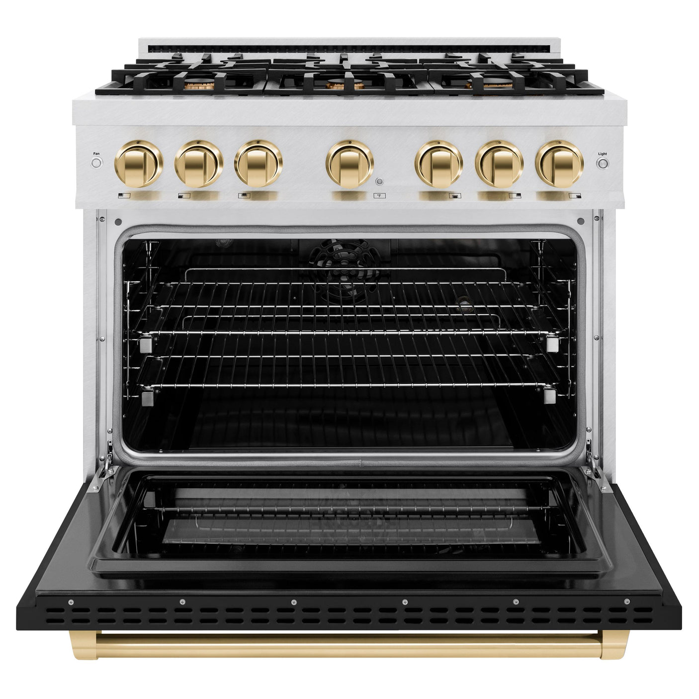 ZLINE Autograph Edition 36 in. 5.2 cu. ft. Select Dual Fuel Range with 6 Burner Gas Cooktop and Electric Convection Oven in DuraSnow' Stainless Steel with Black Matte Door and Polished Gold Accents (HDRSZ-BLM-36-G)