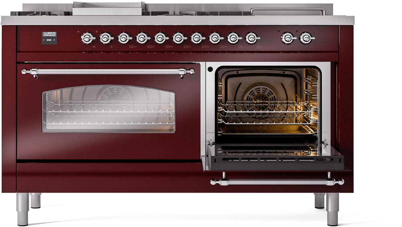 Nostalgie II 60 Inch Dual Fuel Liquid Propane Freestanding Range in Burgundy with Chrome Trim