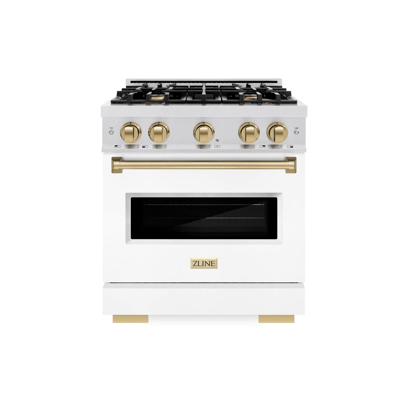 ZLINE Autograph Edition 30 in. 4.2 cu. ft. Classic Gas Range with 4 Burner Cooktop and Convection Gas Oven in DuraSnow' Stainless Steel with White Matte Door and Champagne Bronze Accents (CGRSZ-WM-30-CB)