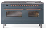 Nostalgie II 60 Inch Dual Fuel Natural Gas Freestanding Range in Blue Grey with Copper Trim