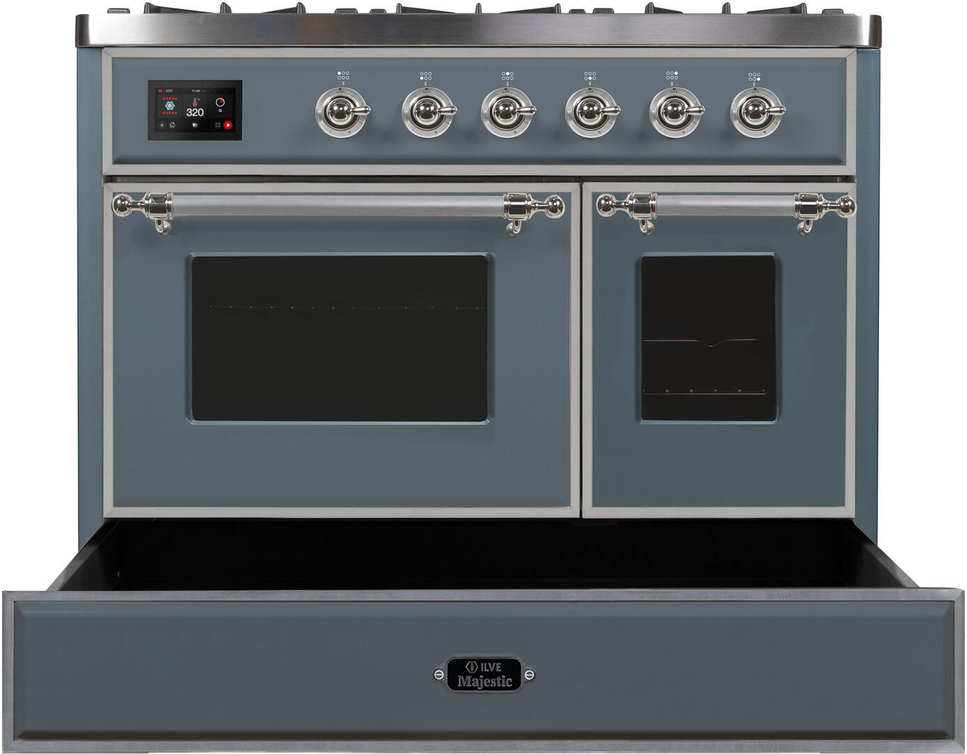 Majestic II 40 Inch Dual Fuel Natural Gas Freestanding Range in Blue Grey with Chrome Trim