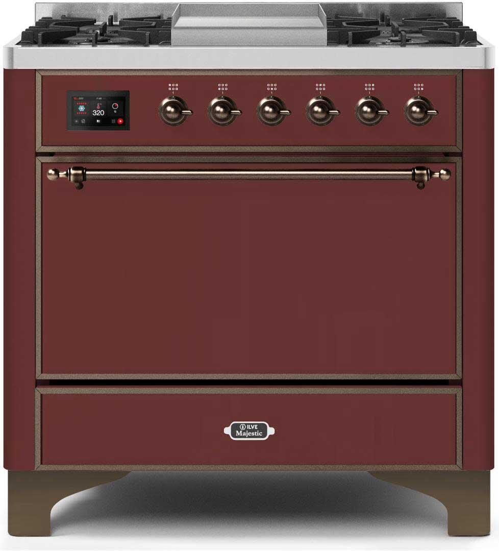 Majestic II 36 Inch Dual Fuel Liquid Propane Freestanding Range in Burgundy with Bronze Trim