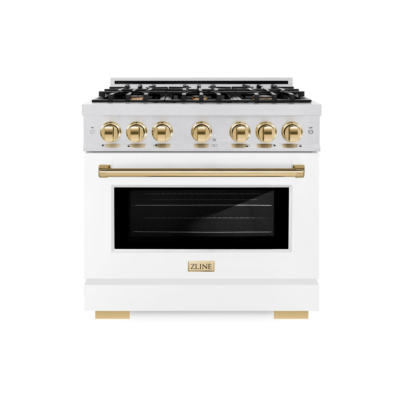 ZLINE Autograph Edition 36 in. 5.2 cu. ft. Select Gas Range with 6 Burner Cooktop and Convection Gas Oven in DuraSnow' Stainless Steel with White Matte Door and Polished Gold Accents (HGRSZ-WM-36-G)