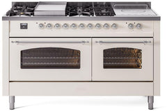 Nostalgie II 60 Inch Dual Fuel Natural Gas Freestanding Range in Antique White with Chrome Trim