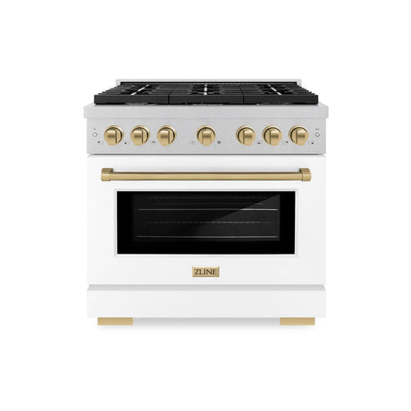 ZLINE Autograph Edition 36 in. 5.2 cu. ft. 6 Burner Gas Range with Convection Gas Oven in DuraSnow' Stainless Steel with White Matte Door and Champagne Bronze Accents (SGRSZ-WM-36-CB)