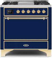 Majestic II 36 Inch Dual Fuel Liquid Propane Freestanding Range in Blue with Brass Trim