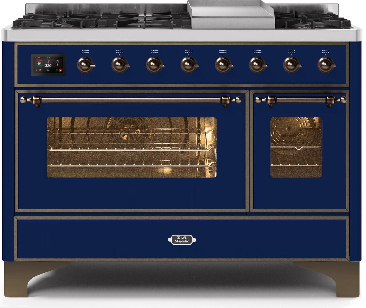 Majestic II 48 Inch Dual Fuel Liquid Propane Freestanding Range in Blue with Bronze Trim