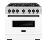 ZLINE Autograph Edition 36 in. 5.2 cu. ft. Classic Gas Range with 6 Burner Cooktop and Convection Gas Oven in Stainless Steel with White Matte Door and Matte Black Accents (CGRZ-WM-36-MB)