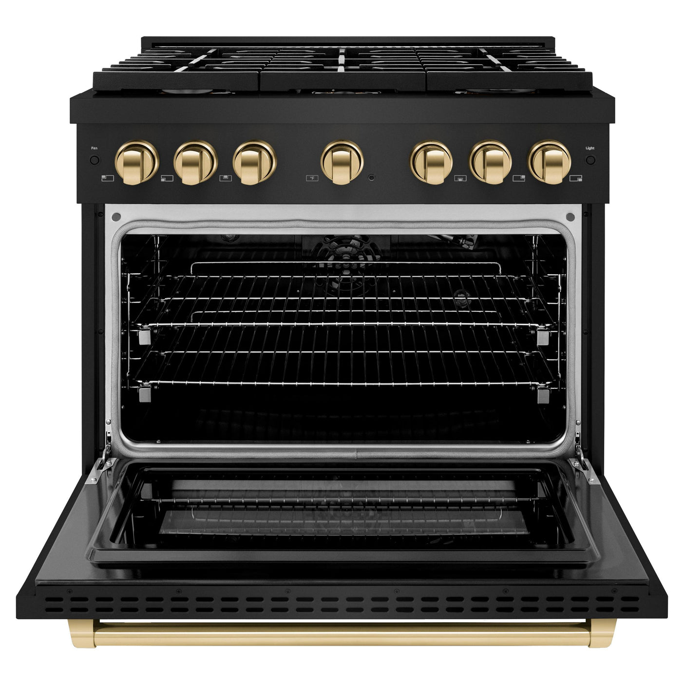 ZLINE Autograph Edition 36 in. 5.2 cu. ft. 6 Burner Gas Range with Convection Gas Oven in Black Stainless Steel and Polished Gold Accents (SGRBZ-36-G)