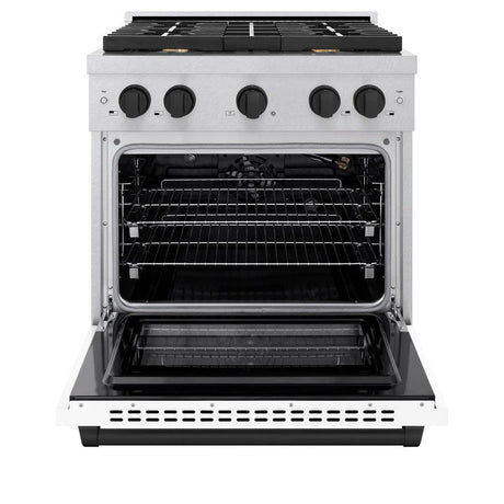 ZLINE Autograph Edition 30 in. 4.2 cu. ft. Paramount Dual Fuel Range with 4 Burner Gas Cooktop and Electric Convection Oven in DuraSnow' Stainless Steel with White Matte Door and Matte Black Accents (SDRSZ-WM-30-MB)