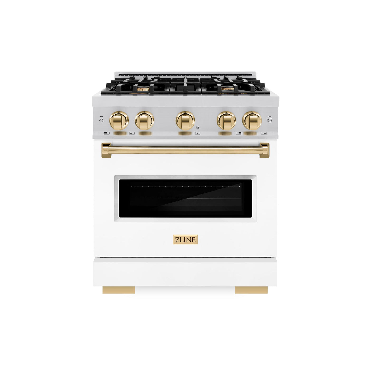 ZLINE Autograph Edition 30 in. 4.2 cu. ft. Classic Dual Fuel Range with 4 Burner Gas Cooktop and Electric Convection Oven in Stainless Steel with White Matte Door and Polished Gold Accents (CDRZ-WM-30-G)