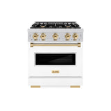 ZLINE Autograph Edition 30 in. 4.2 cu. ft. Classic Dual Fuel Range with 4 Burner Gas Cooktop and Electric Convection Oven in Stainless Steel with White Matte Door and Polished Gold Accents (CDRZ-WM-30-G)