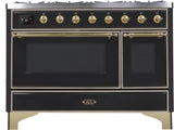 Majestic II 48 Inch Dual Fuel Natural Gas Freestanding Range in Glossy Black with Brass Trim