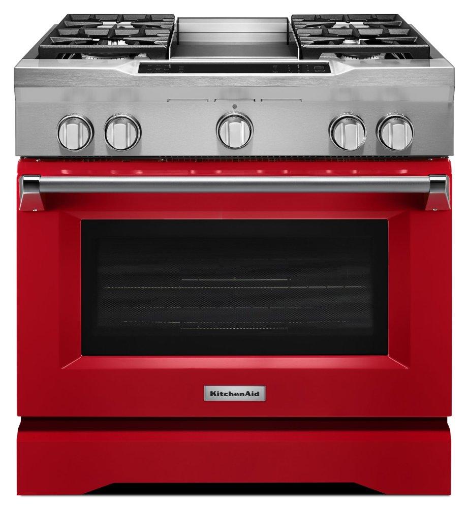 36'' 4-Burner with Griddle, Dual Fuel Freestanding Range, Commercial-Style - Signature Red