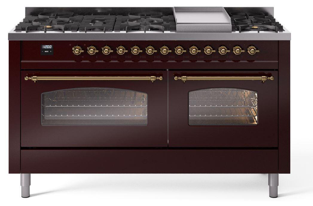 Nostalgie II 60 Inch Dual Fuel Natural Gas Freestanding Range in Burgundy with Brass Trim