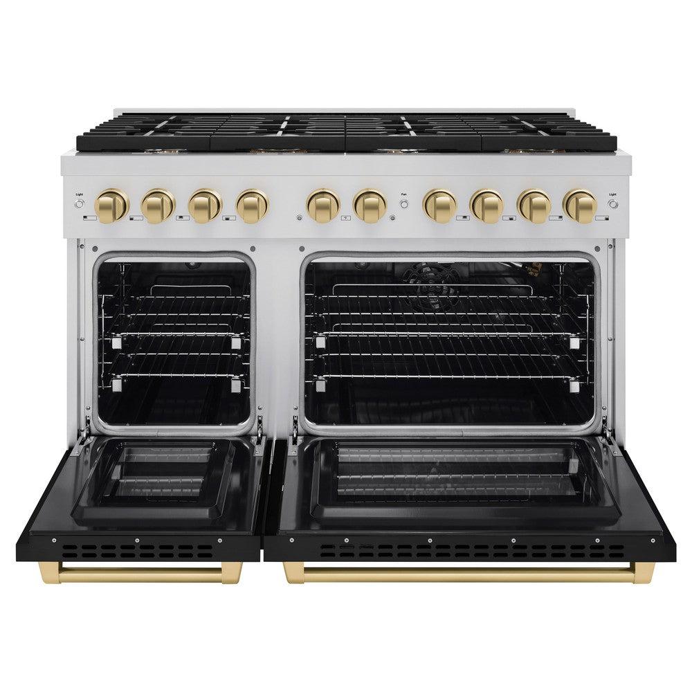 ZLINE Autograph Edition 48 in. 6.7 cu. ft. Paramount Double Oven Dual Fuel Range with 8 Burner Gas Cooktop in Stainless Steel with Black Matte Doors and Champagne Bronze Accents (SDRZ-BLM-48-CB)