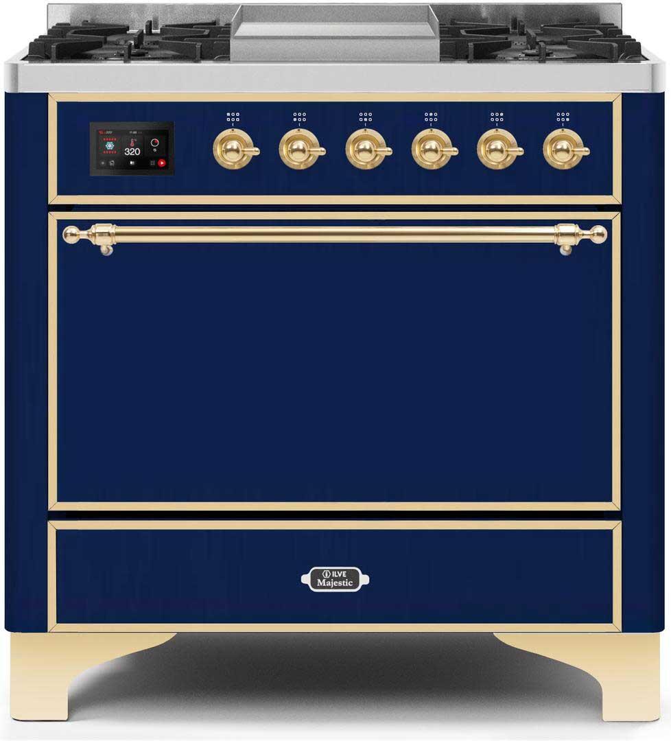 Majestic II 36 Inch Dual Fuel Natural Gas Freestanding Range in Blue with Brass Trim