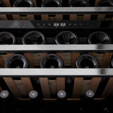 ZLINE 24" Autograph Edition Dual Zone 44-Bottle Wine Cooler in Stainless Steel with Wood Shelf and Polished Gold Accents (RWVZ-UD-24-G)