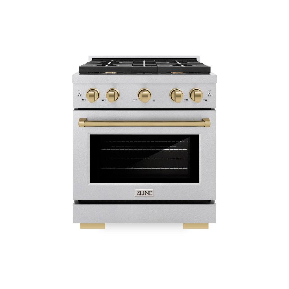 ZLINE Autograph Edition 30 in. 4.2 cu. ft. Paramount Dual Fuel Range with 4 Burner Gas Cooktop and Electric Convection Oven in DuraSnow' Stainless Steel with Champagne Bronze Accents (SDRSZ-30-CB)