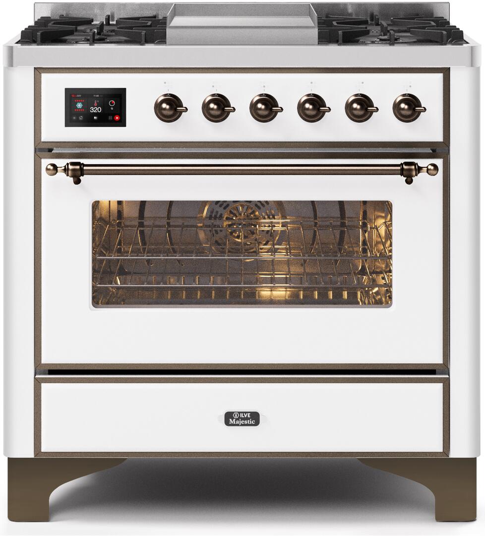 Majestic II 36 Inch Dual Fuel Liquid Propane Freestanding Range in White with Bronze Trim