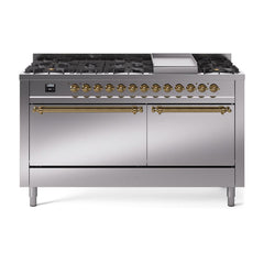 ILVE Nostalgie II 60 UP60FQNMPSSG Freestanding Dual Fuel Range with 9 Sealed Burners Yes Double Oven with Solid Door in Stainless Steel with Brass knobs