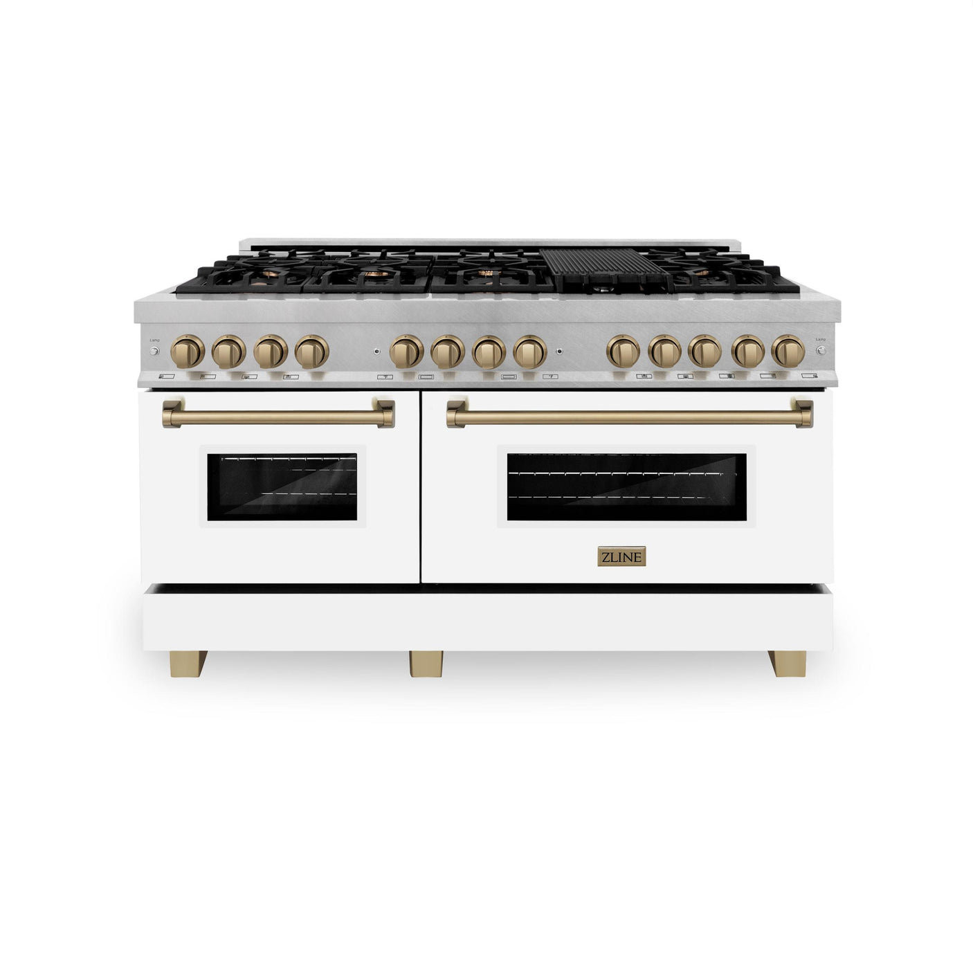 ZLINE Autograph Edition 60 in. 7.4 cu. ft. Dual Fuel Range with Gas Stove and Electric Oven in DuraSnow Stainless Steel with White Matte Door and Accents (RASZ-WM-60) [Color: Champagne Bronze Accents]