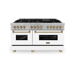 ZLINE Autograph Edition 60 in. 7.4 cu. ft. Dual Fuel Range with Gas Stove and Electric Oven in DuraSnow Stainless Steel with White Matte Door and Accents (RASZ-WM-60) [Color: Champagne Bronze Accents]