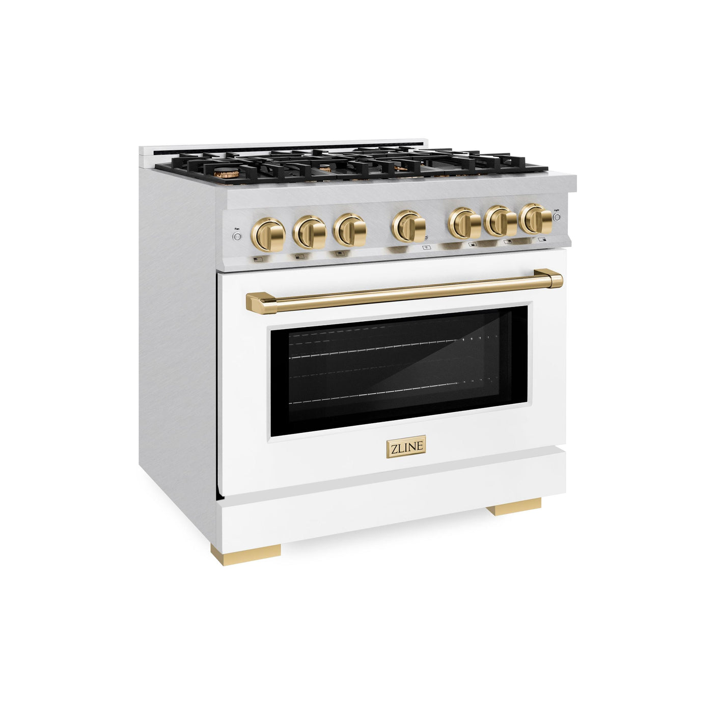 ZLINE Autograph Edition 36 in. 5.2 cu. ft. Select Gas Range with 6 Burner Cooktop and Convection Gas Oven in DuraSnow' Stainless Steel with White Matte Door and Polished Gold Accents (HGRSZ-WM-36-G)