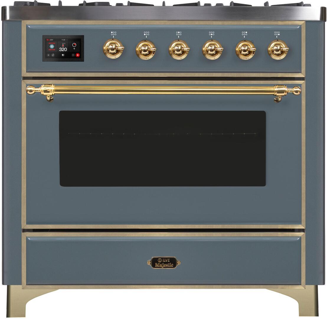 Majestic II 36 Inch Dual Fuel Natural Gas Freestanding Range in Blue Grey with Brass Trim