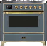 Majestic II 36 Inch Dual Fuel Natural Gas Freestanding Range in Blue Grey with Brass Trim