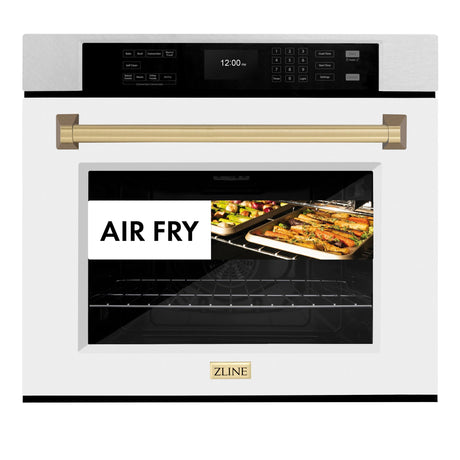 ZLINE 30 in. Autograph Edition Professional True Convection Single Wall Oven with Air Fry and Self Clean in DuraSnow' Stainless Steel with White Matte Door and Champagne Bronze Handle (WASSZ-WM-30-CB)